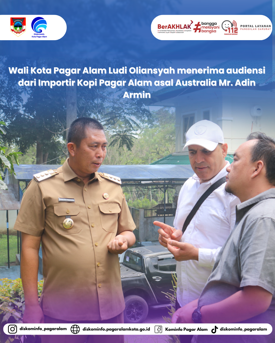 Wali Kota Pagar Alam, Ludi Oliansyah menerima audiensi dari eksportir Kopi Pagar Alam asal Australia Mr. Adin Armin. Kedatangan tim eksportir tersebut disambut Kepala Dinas Perindagkop dan UKM, Kepala Dinas Pertanian dan Kepala Bagian Ekobang