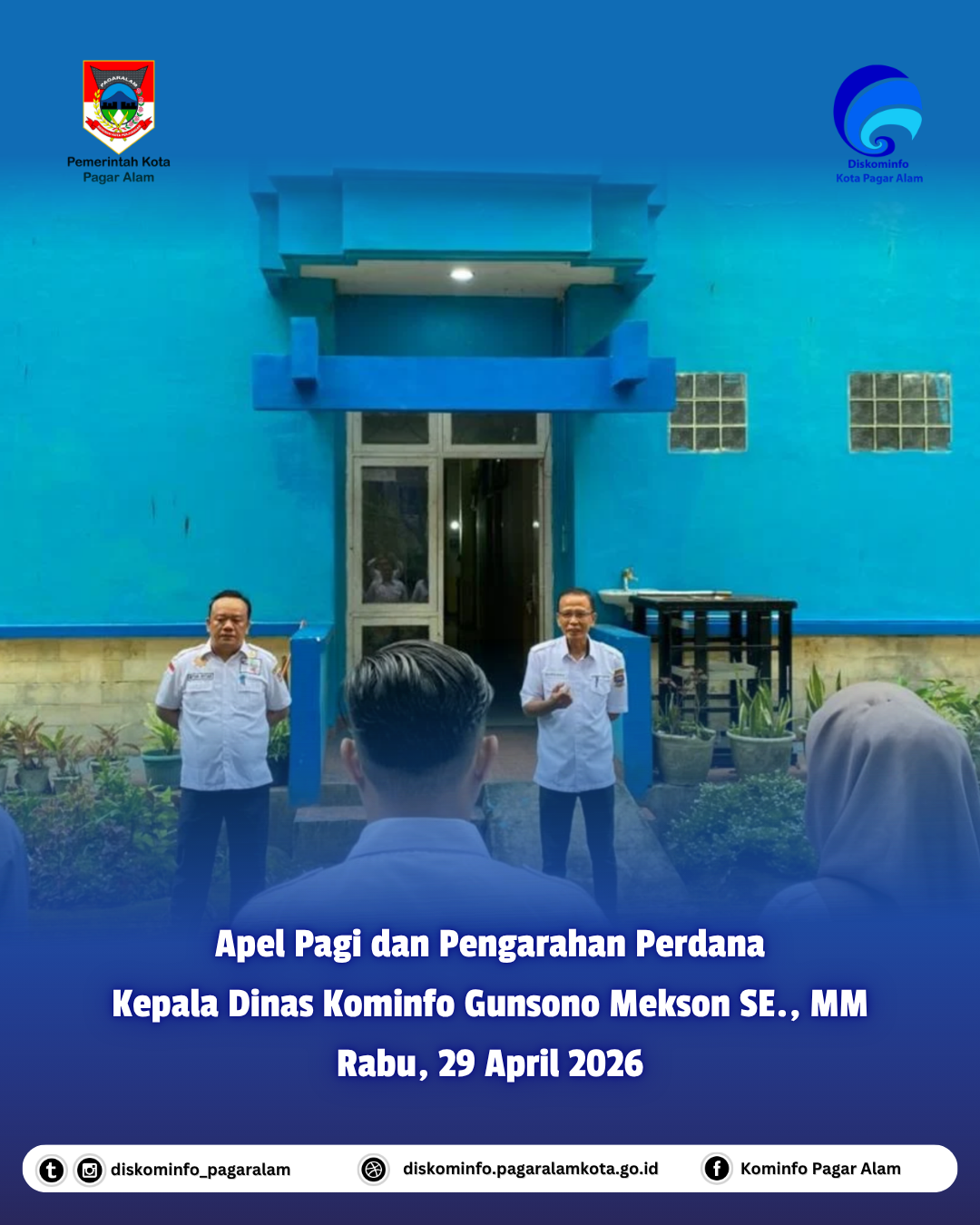 Dinas Komunikasi dan Informatika (Diskominfo) Kota Pagar Alam melaksanakan Apel pengarahan perdana yang dipimpin oleh Kepala Dinas Kominfo Kota Pagar Alam yang baru, Gunsono Mekson SE., MM, Rabu, 29 April 2026.